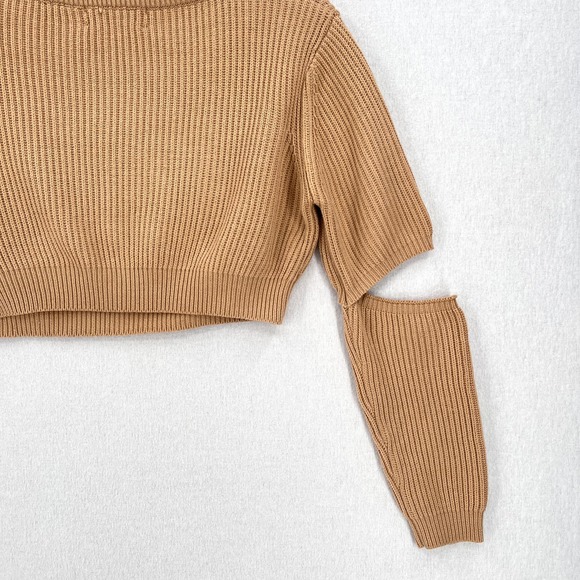 HOUSE OF CB LONDON Mila Sand Cropped Knit Sweater Womens XS Tan Cut out Crew - Picture 9 of 16